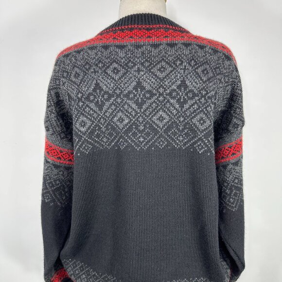 NORLENDER Knitwear Black Red Wool Knit Fair Isle Button Cardigan Sweater Size L - Picture 8 of 11